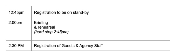 A plain table pasted from a document, with mixed time formats and uneven row spacing