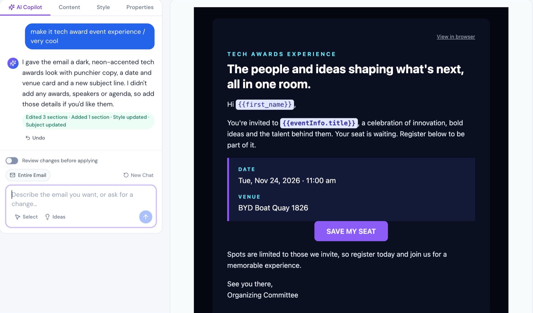 EventNook Contact CRM email builder: the AI Copilot panel with the request 'make it tech award event experience, very cool' next to the resulting dark invitation email with date, venue and a Save My Seat button