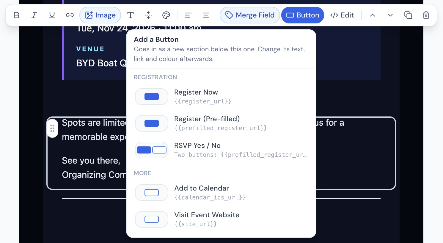 The Add a Button menu in the Contact CRM email builder, listing Register Now, Register (Pre-filled), RSVP Yes / No, Add to Calendar and Visit Event Website