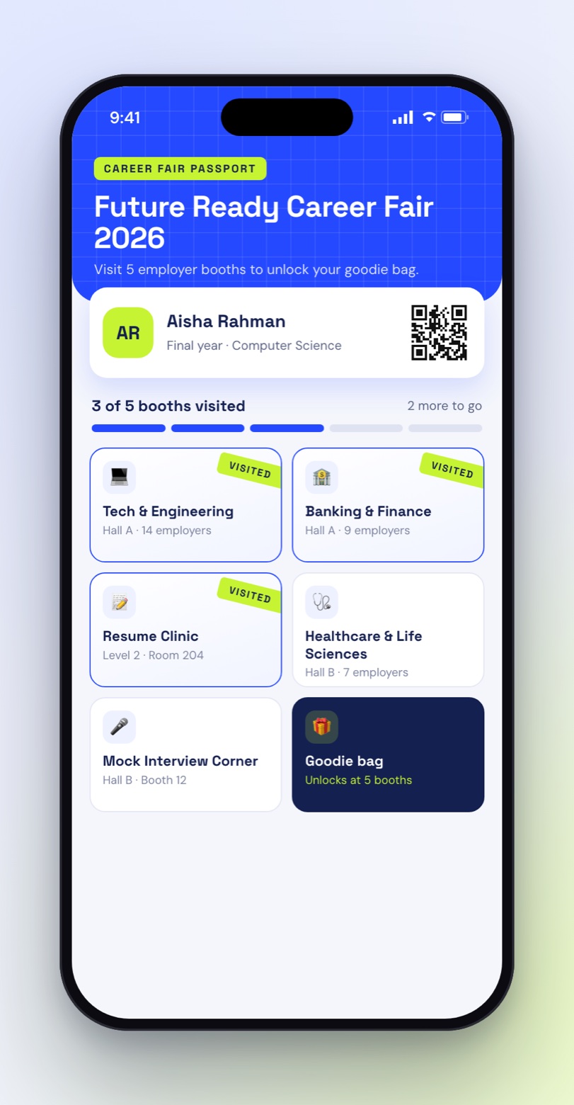 Career fair digital passport with student holder card, five-booth progress bar and booth tiles