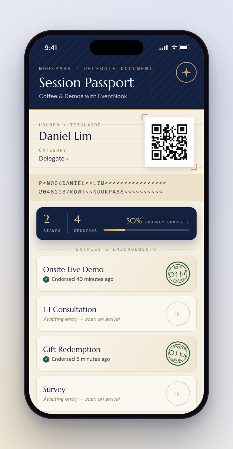 Session passport styled as a travel document with navy and gold header, holder details and green session entry stamps