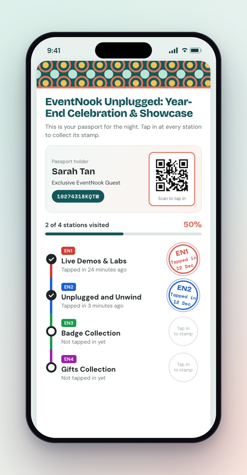 Digital passport for a year-end celebration: four coloured stations on a metro-line route with red and blue tap-in stamps
