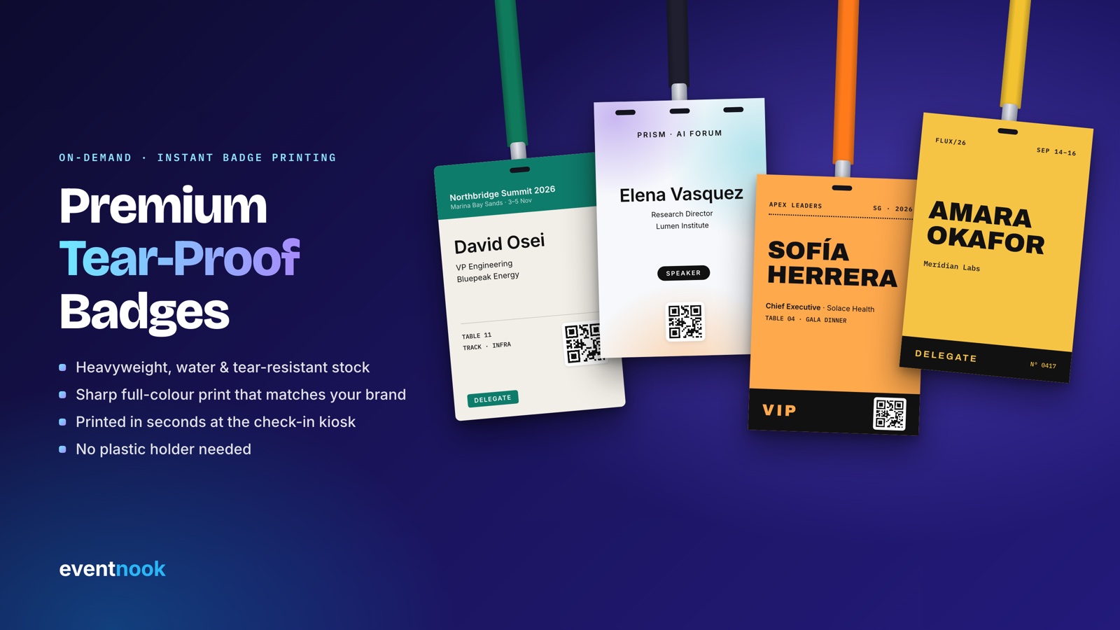 Four premium tear-proof event badges in different brand designs on lanyards: a green corporate summit delegate badge, a gradient AI forum speaker badge, an orange VIP badge with QR code and a yellow bold typographic delegate badge