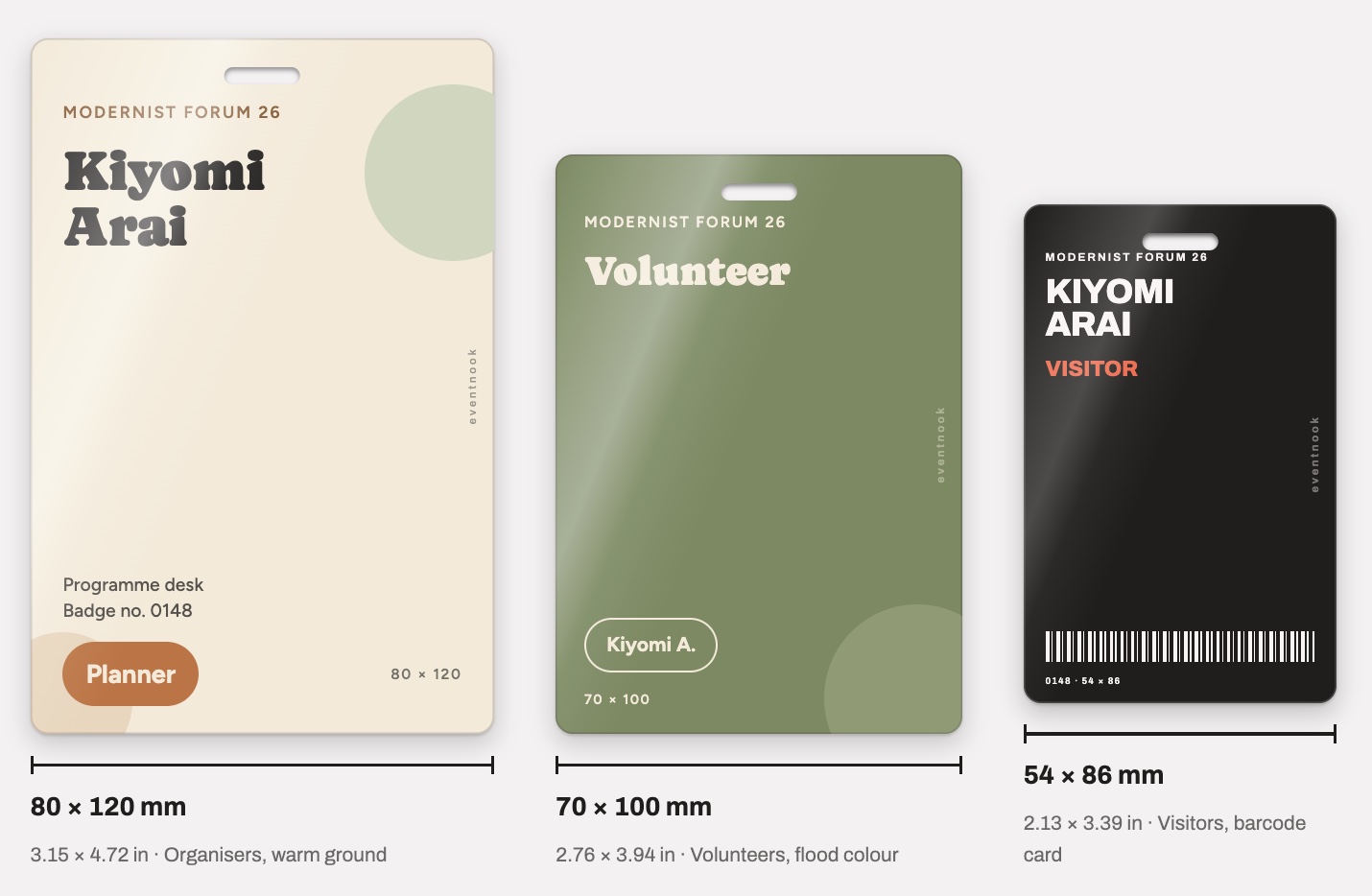 Three smaller PVC card badges drawn to scale: an 80 × 120 mm organiser badge on a warm cream design, a 70 × 100 mm volunteer badge in olive green and a 54 × 86 mm credit-card-size visitor badge with a barcode