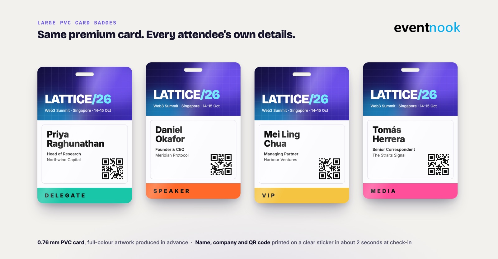 Four large PVC card badges for a Web3 summit, each sharing the same full-colour card artwork, with a different attendee's name, company and QR code on a clear sticker and colour-coded Delegate, Speaker, VIP and Media bands